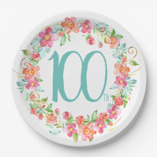 100th birthday pretty watercolor floral party paper plates