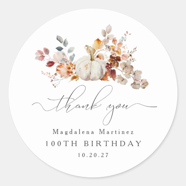 100th Birthday Pumpkin Fall Flower Thank You Classic Round Sticker (Front)