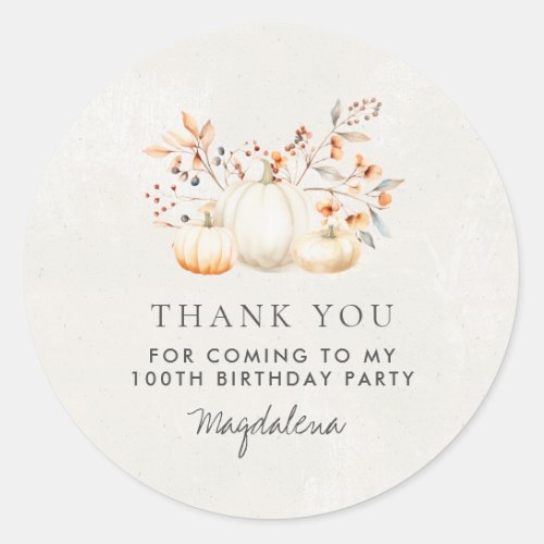 100th Birthday Pumpkin Thank You Favor Classic Round Sticker