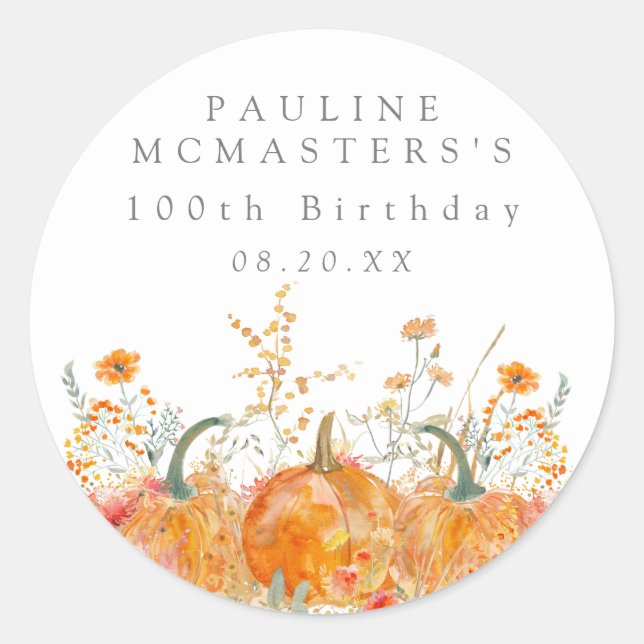 100th Birthday Pumpkin Wildflower Custom Favor Classic Round Sticker (Front)