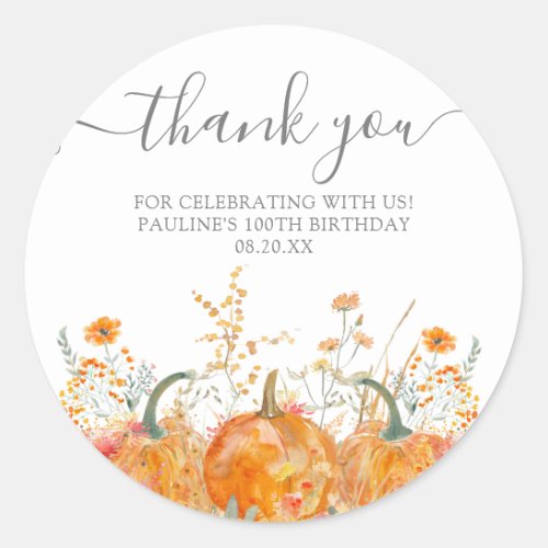 100th Birthday Pumpkin Wildflower Custom Thank You Classic Round Sticker