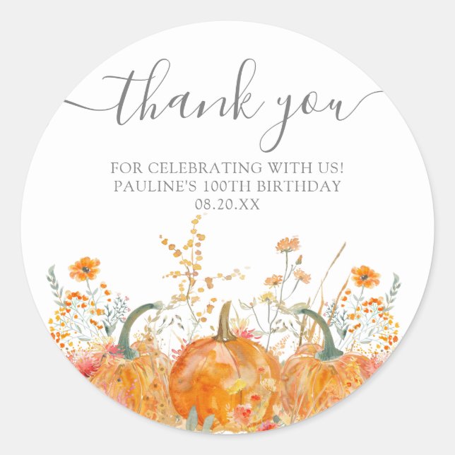 100th Birthday Pumpkin Wildflower Custom Thank You Classic Round Sticker (Front)