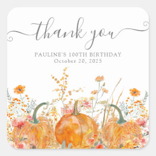 100th Birthday Pumpkin Wildflower Custom Thank You Square Sticker