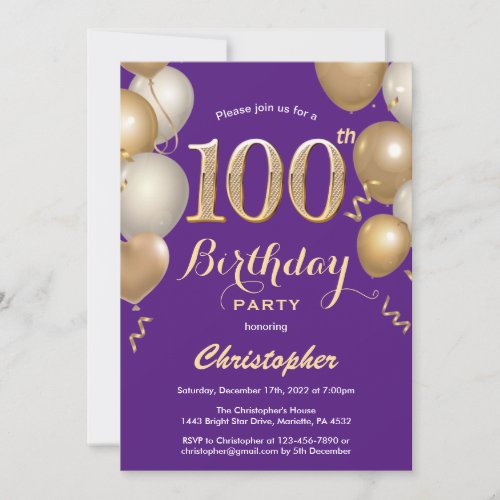 100th Birthday Purple and Gold Balloons Confetti Invitation