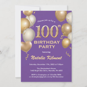 100th Birthday Purple and Gold Glitter Balloons Invitation