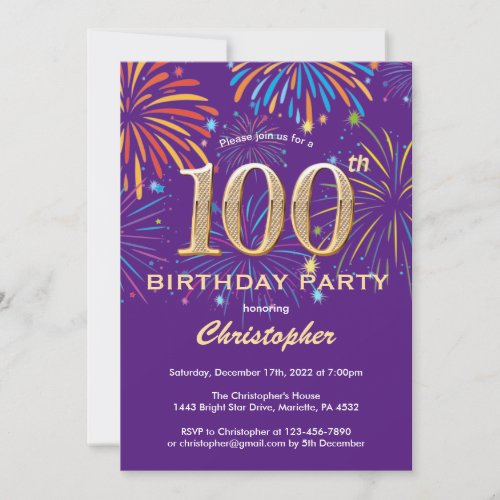 100th Birthday Purple and Gold Rainbow Fireworks Invitation