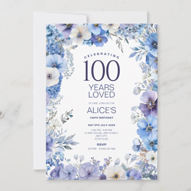 100th Birthday, Purple & Blue Floral, Milestone Invitation (Front)