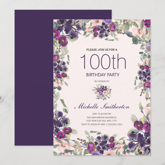 100th Birthday Purple Floral Elegant Chic Invitation (Front/Back)