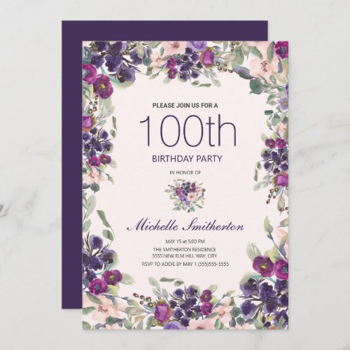 100th Birthday Purple Floral Elegant Chic Invitation