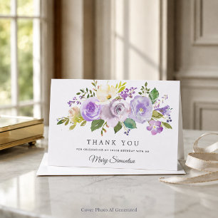 100th Birthday Purple Floral Flat Thank You Note Card