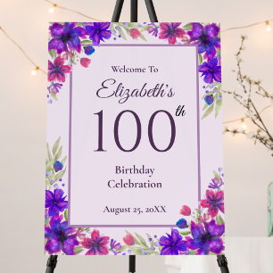 100th Birthday Purple Floral Welcome Sign