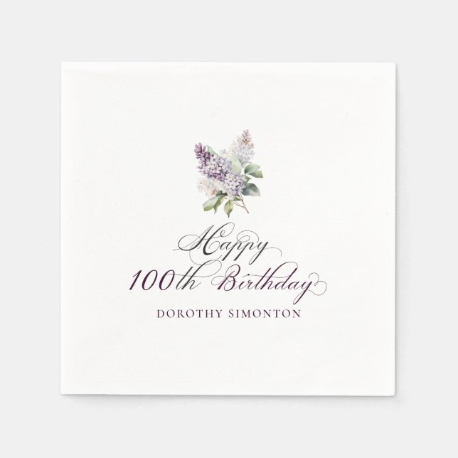 100th Birthday Purple Lilac Spring Flower Napkins (Front)