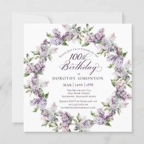 100th Birthday Purple Lilac Spring Flower Square Invitation