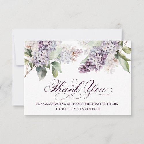 100th Birthday Purple Lilac Spring Flower Thank You Card