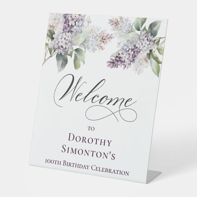100th Birthday Purple Lilac Spring Flower Welcome Pedestal Sign (Front)