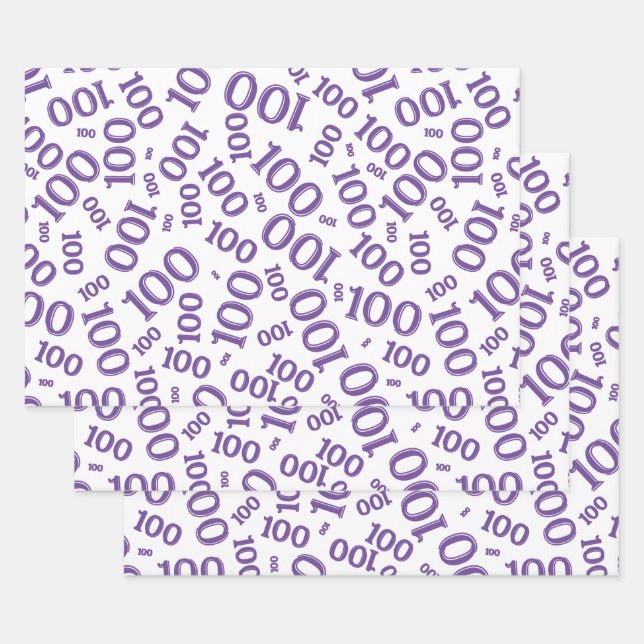 100th Birthday  Purple Number Pattern 100 Wrapping Paper Sheets (Set)