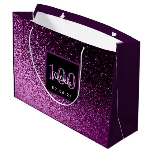 100th Birthday purple pink glitter name Large Gift Bag