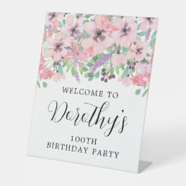 100th Birthday Purple Pink Wildflower Welcome Pedestal Sign