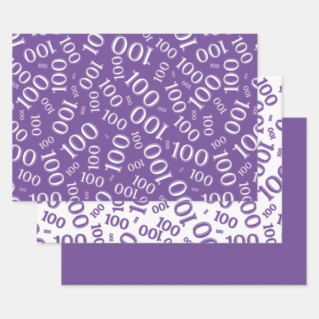 100th Birthday  Purple Random Number Pattern Wrapping Paper Sheets (Set)