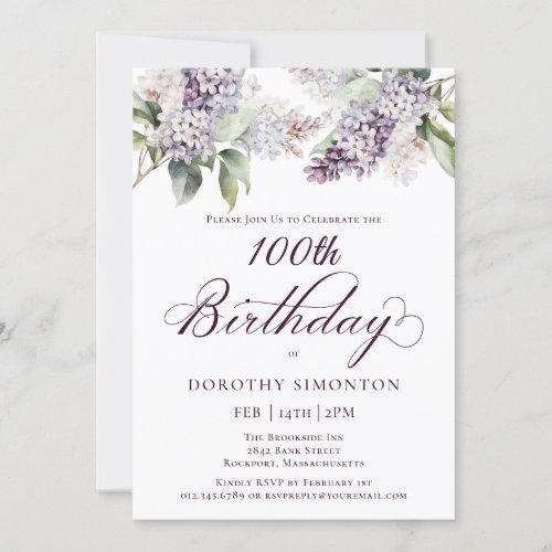 100th Birthday Purple Spring Lilac Flower Invitati Invitation