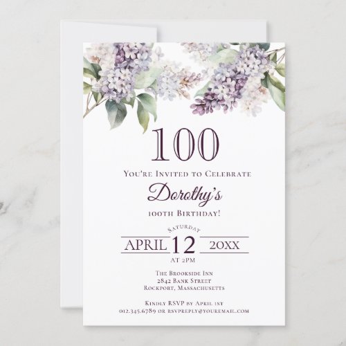 100th Birthday Purple Spring Lilac Flower Invitation