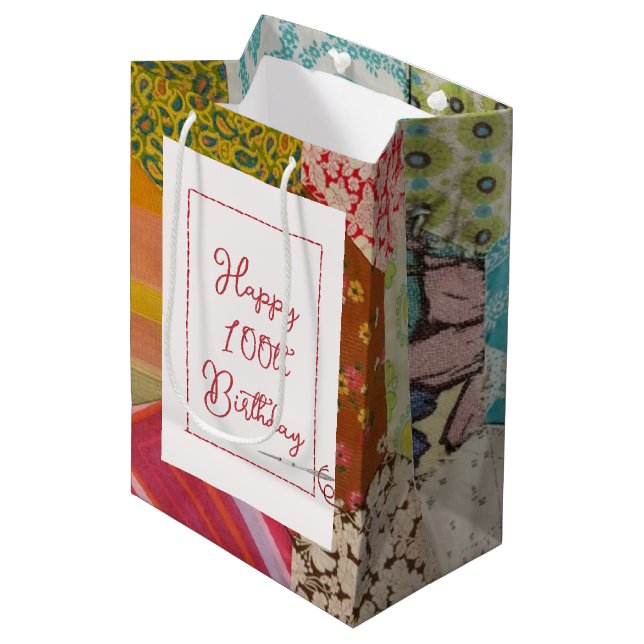 100th Birthday Quilt Pattern with Needle Medium Gift Bag (Front Angled)