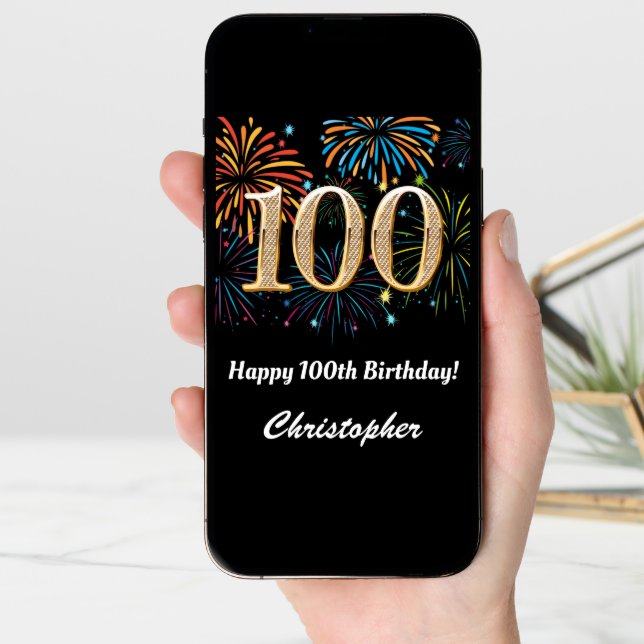 100th Birthday Rainbow Fireworks Black and Gold Card (Front Digital)
