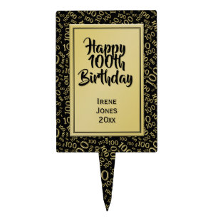 100th Birthday Random Number Pattern Black/Gold Cake Topper