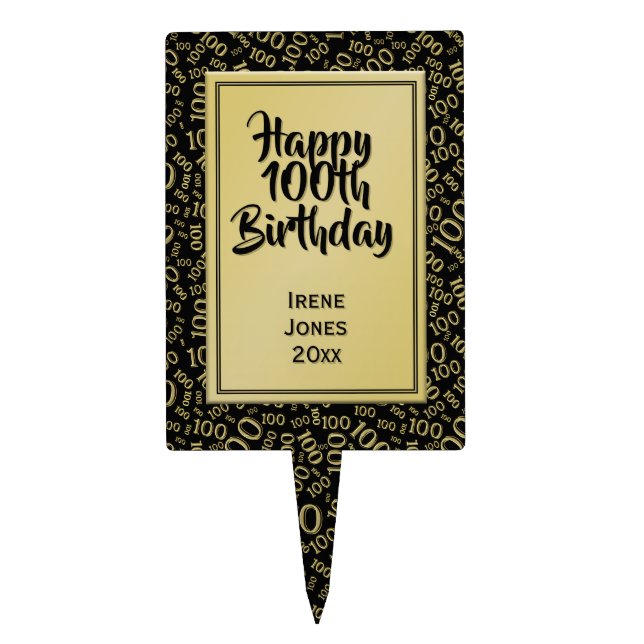 100th Birthday Random Number Pattern Black/Gold Cake Topper (Front)