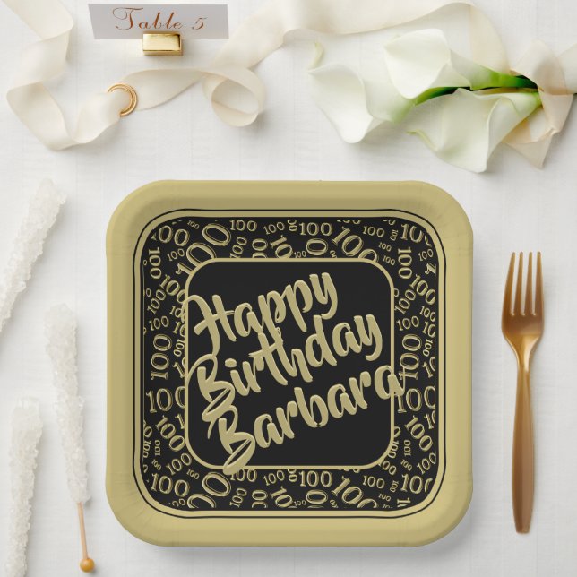 100th Birthday Random Number Pattern Black/Gold Paper Plates (Wedding)