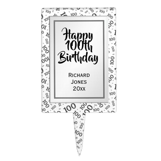 100th Birthday Random Number Pattern Black/White Cake Topper (Front)