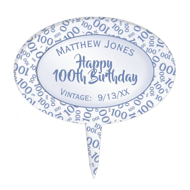 100th Birthday Random Number Pattern Blue100 Cake Topper (Front)