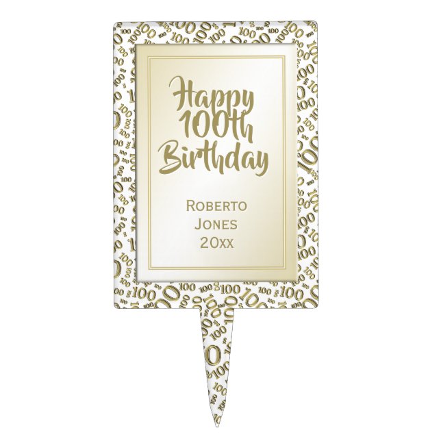 100th Birthday Random Number Pattern Gold 100 Cake Topper (Front)