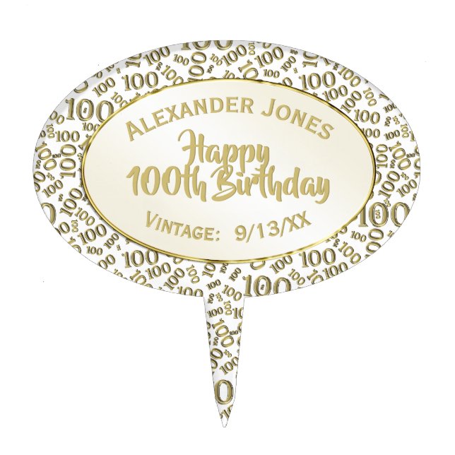 100th Birthday Random Number Pattern Gold 100 Cake Topper (Front)