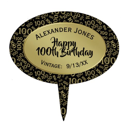 100th Birthday Random Number Pattern GoldBlack Cake Topper