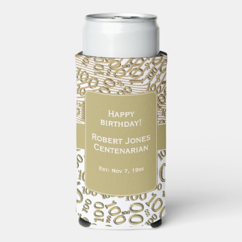100th Birthday Random Number Pattern Gold  Seltzer Can Cooler