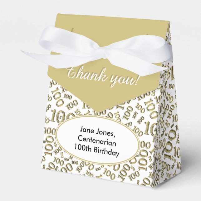 100th Birthday Random Number Pattern Gold/White Favor Boxes (Front Side)