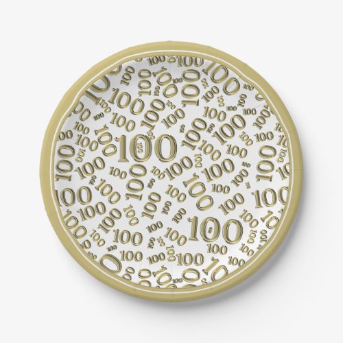 100th Birthday Random Number Pattern GoldWhite Paper Plates