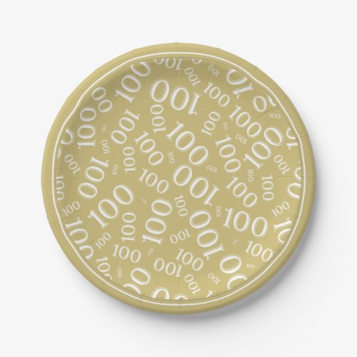 100th Birthday Random Number Pattern GoldWhite Paper Plates