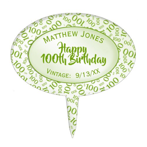 100th Birthday Random Number Pattern Green 100 Cake Topper