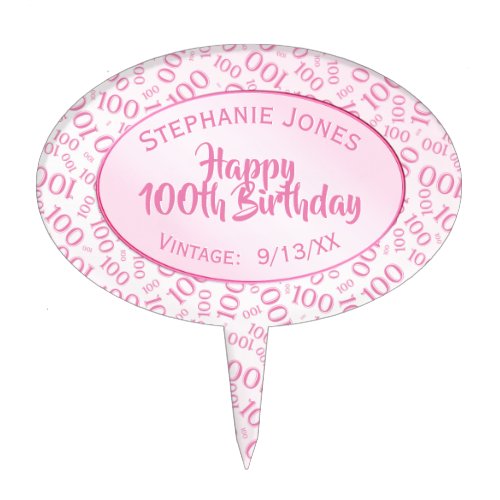100th Birthday Random Number Pattern Pink 100 Cake Topper