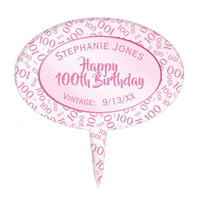 100th Birthday Random Number Pattern Pink 100 Cake Topper (Front)