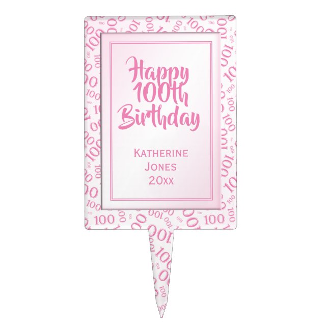 100th Birthday Random Number Pattern Pink 100 Cake Topper (Front)