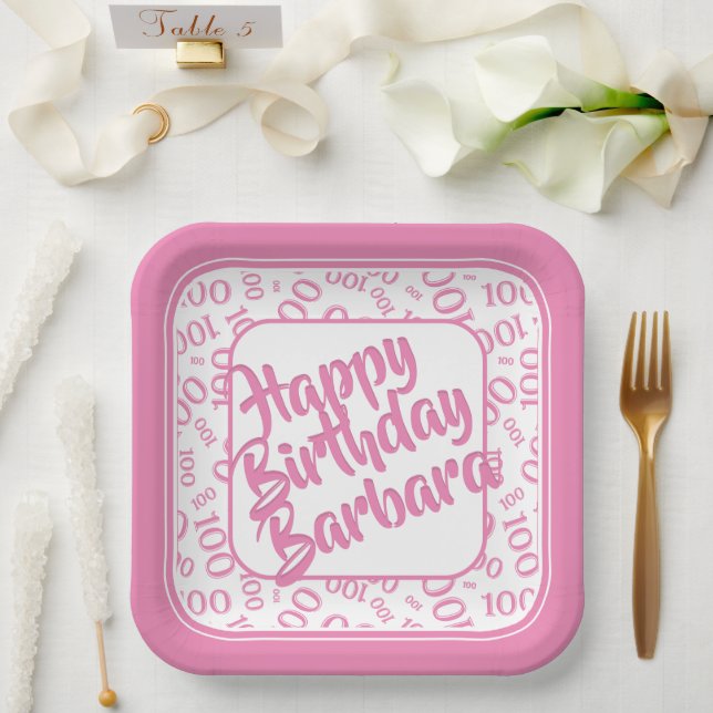 100th Birthday Random Number Pattern Pink/White Paper Plates (Wedding)