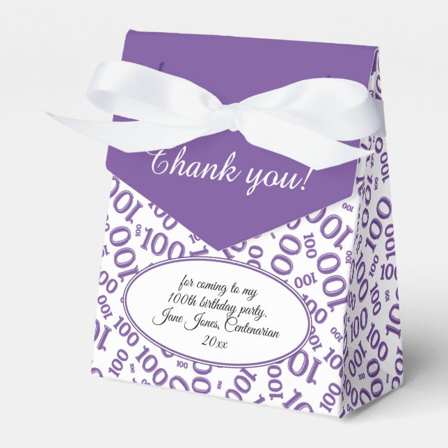 100th Birthday Random Number Pattern Purple/White Favor Boxes (Front Side)