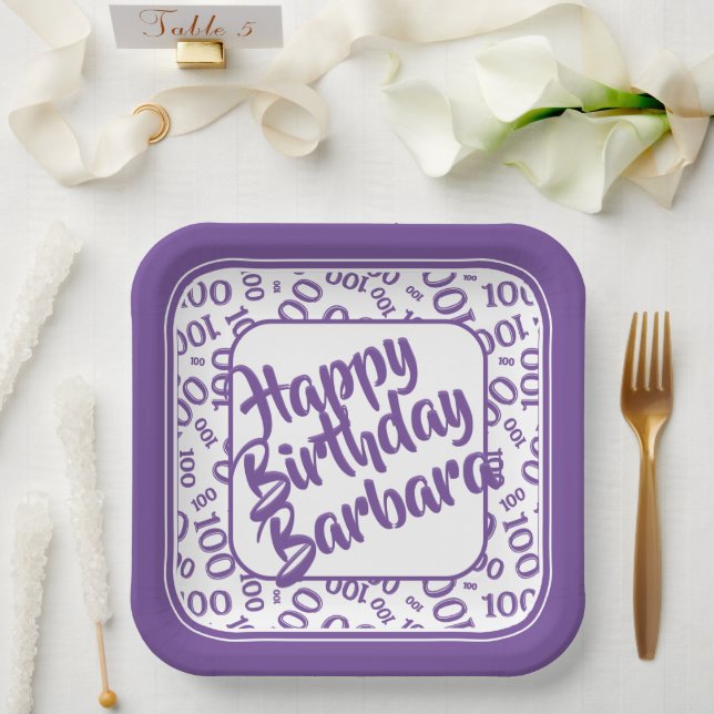 100th Birthday Random Number Pattern Purple/White Paper Plates (Wedding)
