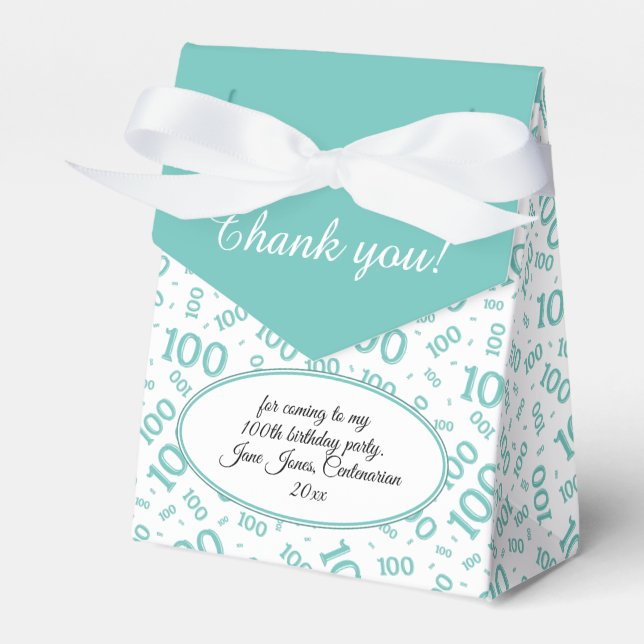 100th Birthday Random Number Pattern Teal/White Favor Boxes (Front Side)
