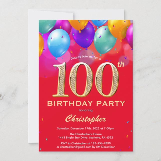 100th Birthday Red and Gold Colorful Balloons Invitation (Front)