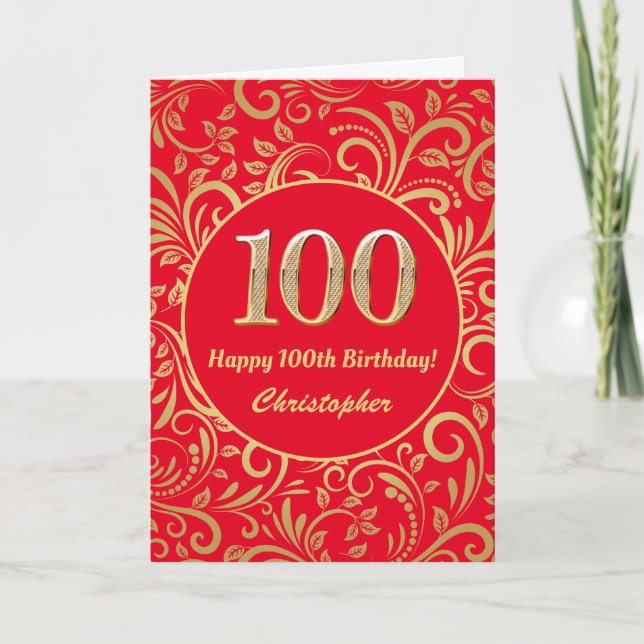 100th Birthday Red and Gold Floral Pattern Card (Front)