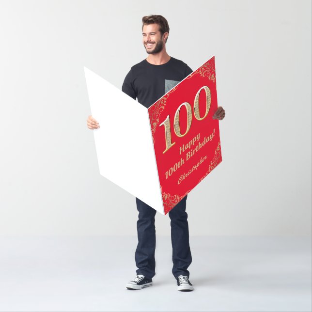 100th Birthday Red and Gold Glitter Extra Large Card (In Situ)